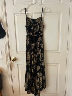 Black Maxi Dress with Gold Floral Pattern and Spaghetti Straps